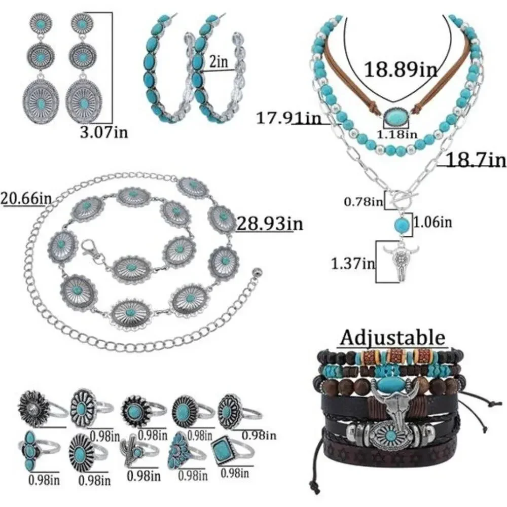15 PCs Western Concho Belt Cowgirl Necklace, Dangle Earrings Rins Jewelry set